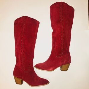 NWOB Twiggy London Red Suede Gold Stud Knee High Riding Boots Women’s Size 10M